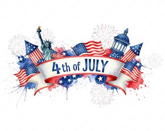 4th of July Clipart: Watercolor Fireworks, Flag Art (PNG, JPG Instant Download)