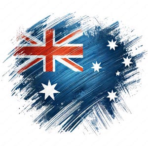 May include: A blue and white Australian flag with a red and white Union Jack in the upper left corner. The flag is painted in a brushstroke style, giving it a textured look.