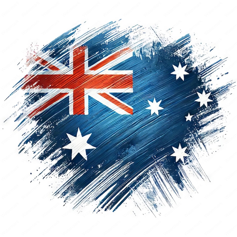 May include: A blue and white Australian flag with a red and white Union Jack in the upper left corner. The flag is painted in a brushstroke style, giving it a textured look.