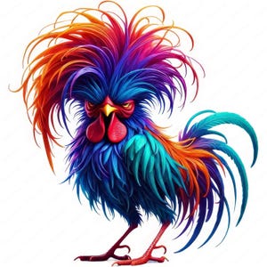 Kolorowy kogut Clipart | Żywy Fantasy Chicken PNG Bundle | 10 Wysokiej Jakości Projektów | Sztuka Wiejska | Użytek Komercyjny