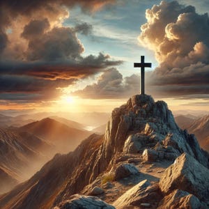 May include: A black cross stands tall on a rocky mountain peak, silhouetted against a dramatic sunset sky with fluffy clouds. The sun shines brightly in the distance, casting a golden glow over the landscape.