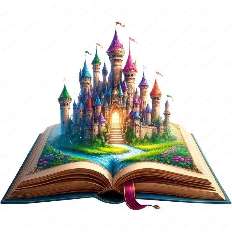May include: A colorful fairytale castle pops out of an open book with a golden cover and blue pages. The castle has multiple towers and a winding path leading to the entrance.