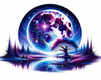 May include: A digital painting of a large, glowing moon with swirling purple and blue patterns. The moon is reflected in a still lake in front of a dark forest. A lone tree with pink blossoms stands in the foreground.