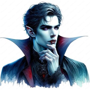 K&ouml;nnte beinhalten: Ein Portr&auml;t eines Vampirs mit dunkelblauem Haar, der eine dunkelblaue und rote Samtjacke mit schwarzem Spitzenkragen tr&auml;gt. Der Vampir hat einen Blutstropfen auf der Lippe und ber&uuml;hrt sein Kinn mit der Hand.