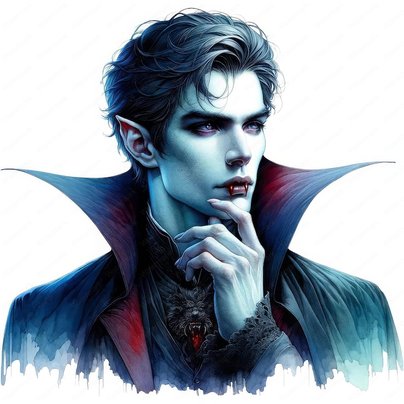 K&ouml;nnte beinhalten: Ein Portr&auml;t eines Vampirs mit dunkelblauem Haar, der eine dunkelblaue und rote Samtjacke mit schwarzem Spitzenkragen tr&auml;gt. Der Vampir hat einen Blutstropfen auf der Lippe und ber&uuml;hrt sein Kinn mit der Hand.