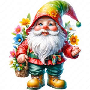 May include: A smiling gnome with a white beard and red and green clothing. He is wearing a colorful hat and holding a basket of flowers.