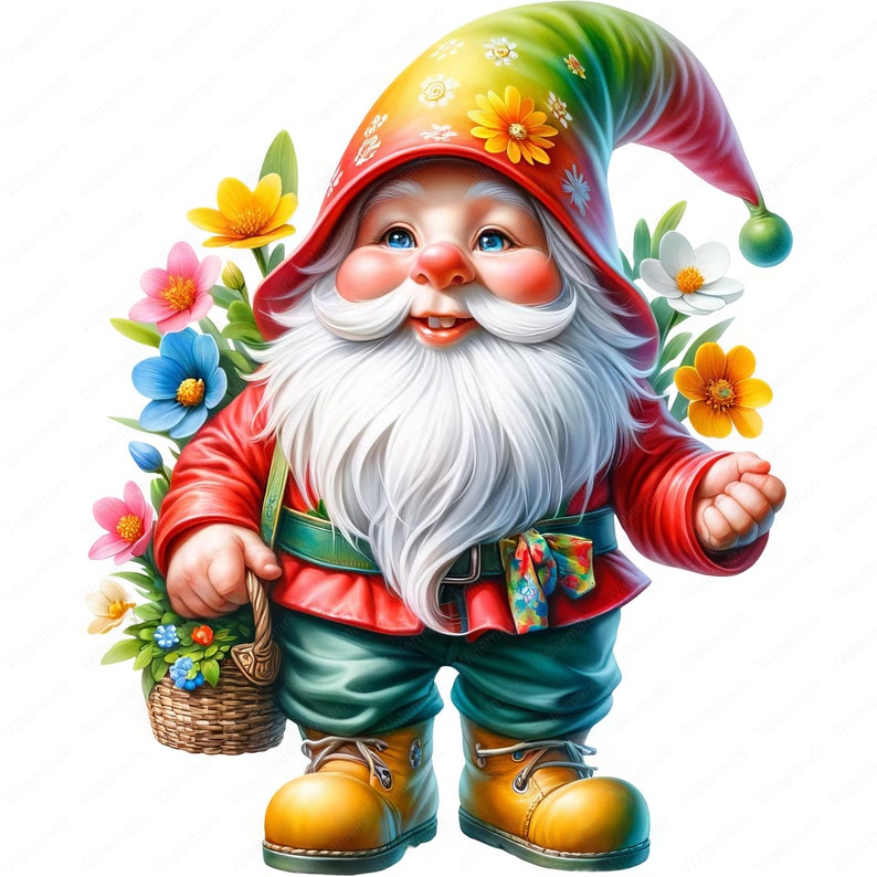 May include: A smiling gnome with a white beard and red and green clothing. He is wearing a colorful hat and holding a basket of flowers.