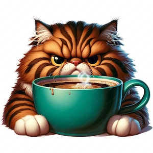 Può includere: Un gatto tigrato arancione e marrone dall'aspetto scontroso con occhi verdi tiene una tazza di caffè verde con una tazza di caffè fumante all'interno.