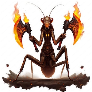 Puede incluir: Una gran criatura insectoide marrón con ojos rojos brillantes y un par de hachas en llamas. La criatura está de pie sobre una superficie rocosa con pequeñas llamas dispersas a su alrededor.