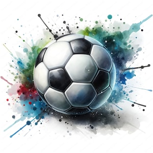 Puede incluir: Un bal&oacute;n de f&uacute;tbol blanco y negro con un fondo de acuarela de salpicaduras azules, verdes y rojas.