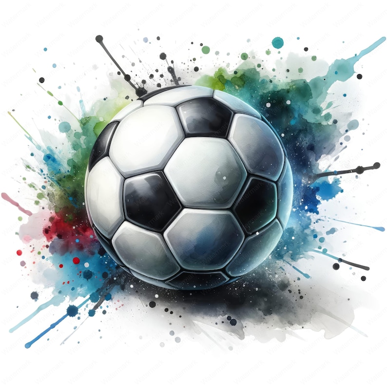 Puede incluir: Un bal&oacute;n de f&uacute;tbol blanco y negro con un fondo de acuarela de salpicaduras azules, verdes y rojas.