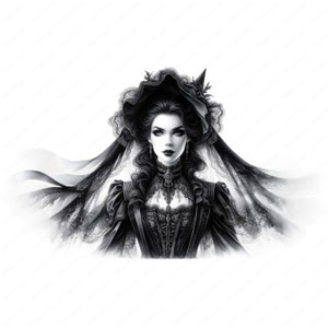 Puede incluir: Una ilustraci&oacute;n en blanco y negro de una mujer con un vestido de encaje negro y un velo. Tiene el pelo oscuro y los ojos oscuros. Lleva un sombrero con velo y un collar. El fondo es blanco.