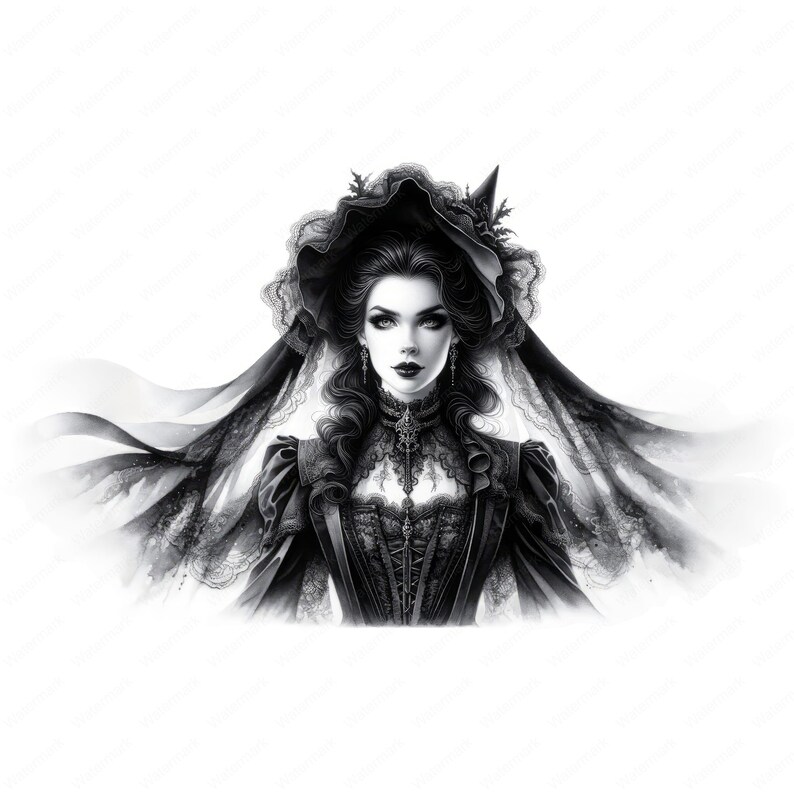 Puede incluir: Una ilustraci&oacute;n en blanco y negro de una mujer con un vestido de encaje negro y un velo. Tiene el pelo oscuro y los ojos oscuros. Lleva un sombrero con velo y un collar. El fondo es blanco.