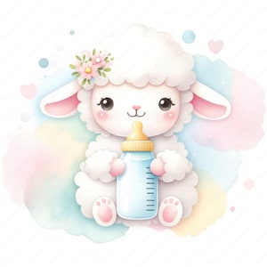 May include: A cute white lamb with pink ears and a flower crown holds a blue baby bottle with a yellow nipple. The lamb is sitting on a watercolor background with pink, blue, and yellow colors.