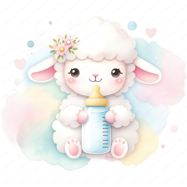 May include: A cute white lamb with pink ears and a flower crown holds a blue baby bottle with a yellow nipple. The lamb is sitting on a watercolor background with pink, blue, and yellow colors.