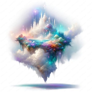 May include: A white castle with towers and spires sits on a floating island surrounded by colorful clouds and a blue lake. The island is covered in lush greenery and flowers.