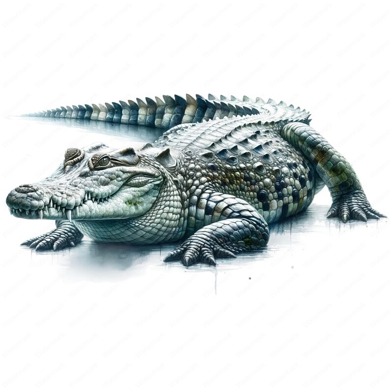 May include: A large, green crocodile with a textured, scaly skin is lying on a white background. The crocodile has its mouth slightly open, revealing sharp teeth.