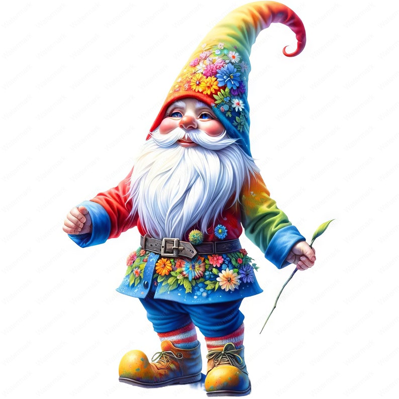 May include: A whimsical gnome with a rainbow hat adorned with flowers, wearing a colorful jacket and pants, holding a stick with a leaf.