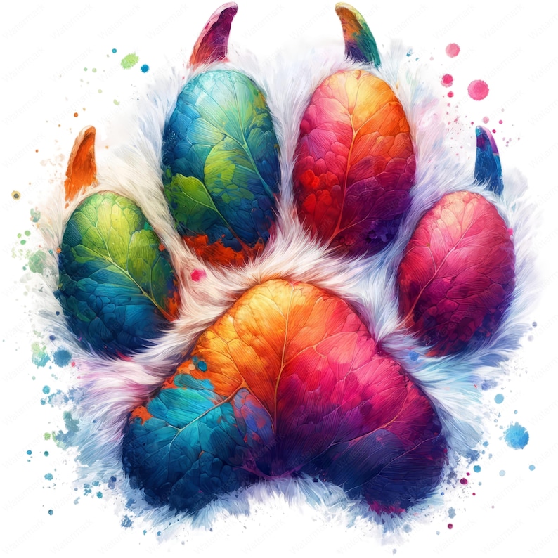 May include: A colorful paw print with a furry texture and a watercolor effect. The paw print is made up of different shades of blue, green, orange, red, and purple.