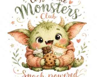 Cozy Monsters Clipart Bundle, Whimsical Creatures PNG JPG, Snack Lover Digital Art (Commercial Use)
