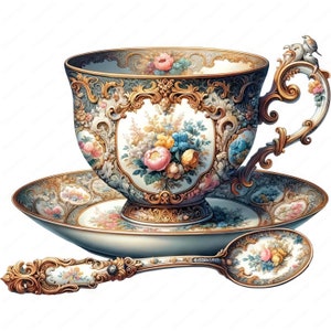 Tasse à thé avec une cuillère | Élégante tasse à thé avec cuillère | 10 modèles de haute qualité | Art du thé | Imprimables | Utilisation commerciale