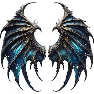 May include: A pair of large, intricately detailed, black and blue wings with a galaxy-like pattern. The wings are spread wide, with the tips pointing outwards.