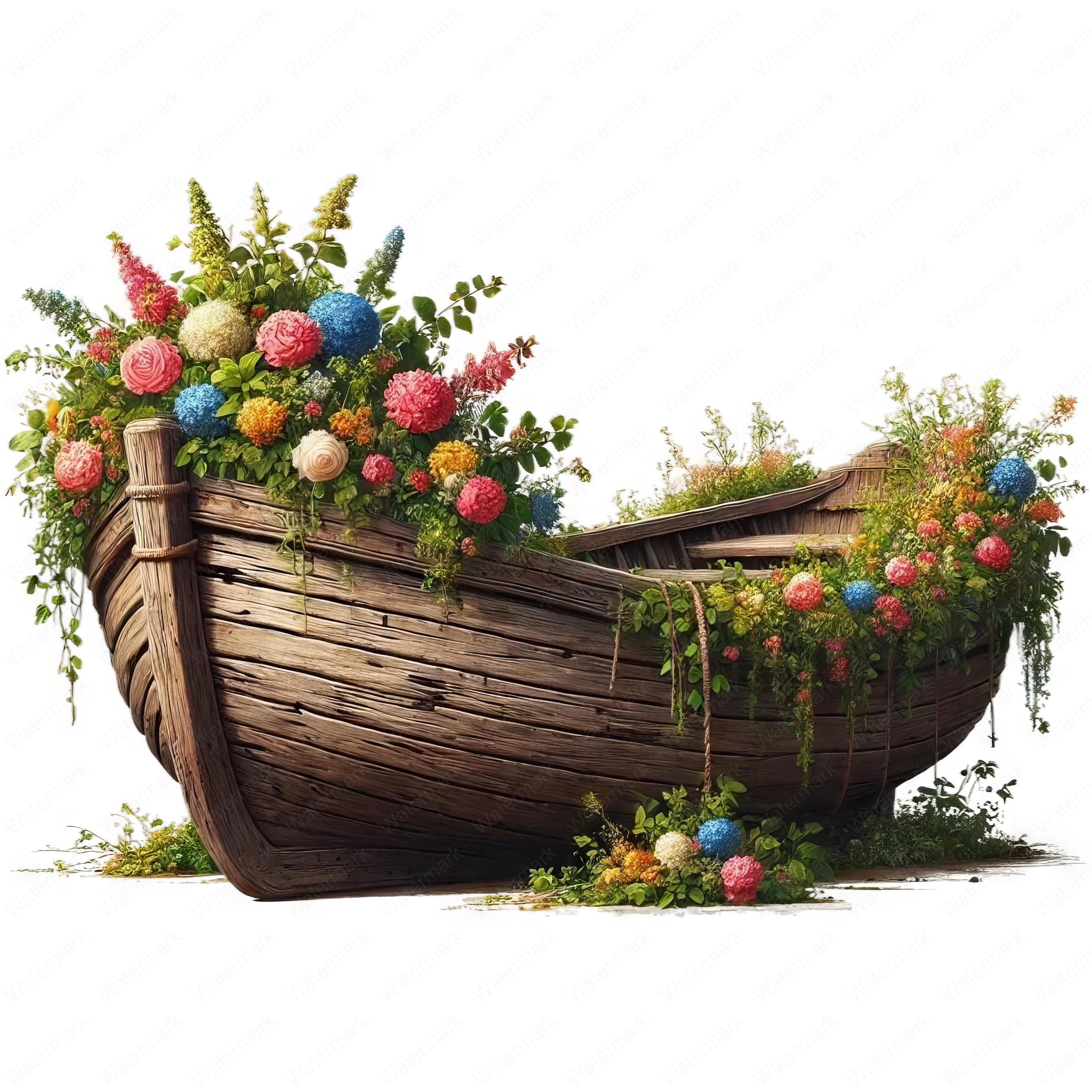 Vintage Floral Boat Clipart: Nautical Coastal Art (Digital Download)