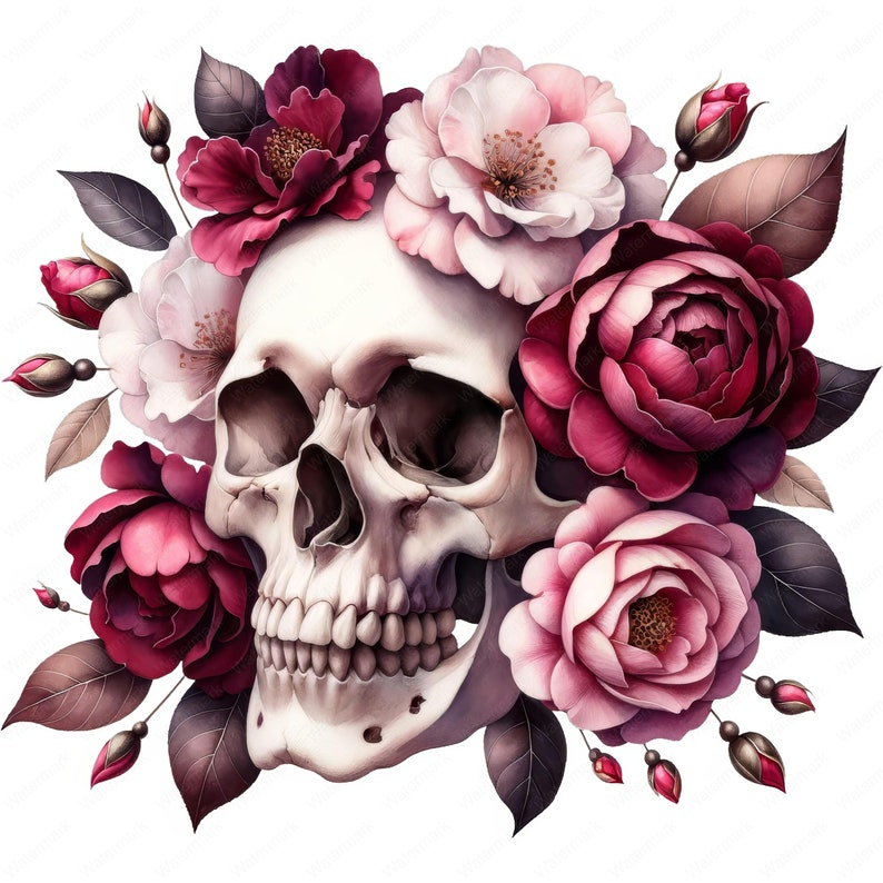 Puede incluir: Un cr&aacute;neo humano blanco adornado con una corona de rosas rosas y burdeos. El cr&aacute;neo est&aacute; representado en un estilo realista, con detalles intrincados. Las rosas est&aacute;n dispuestas alrededor del cr&aacute;neo, creando una imagen llamativa y hermosa.