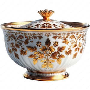 May include: A white porcelain bowl with a gold lid and intricate gold floral designs. The bowl has a fluted rim and a pedestal base.