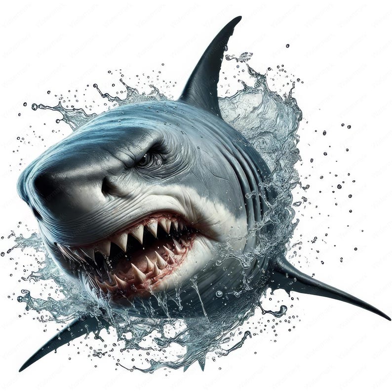 May include: A close-up of a great white shark with its mouth open, showing sharp teeth. The shark is surrounded by water splashing in all directions.