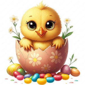 Op de afbeelding: Een geel kuiken met grote ogen zit in een roze en witte gebarsten eierschaal. Het kuiken wordt omringd door kleurrijke jelly beans.