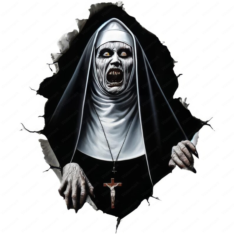 May include: A scary nun with a white habit and black veil, with a cross necklace, is reaching out from a ripped hole in a white wall. Her eyes are wide and her mouth is open in a scream.
