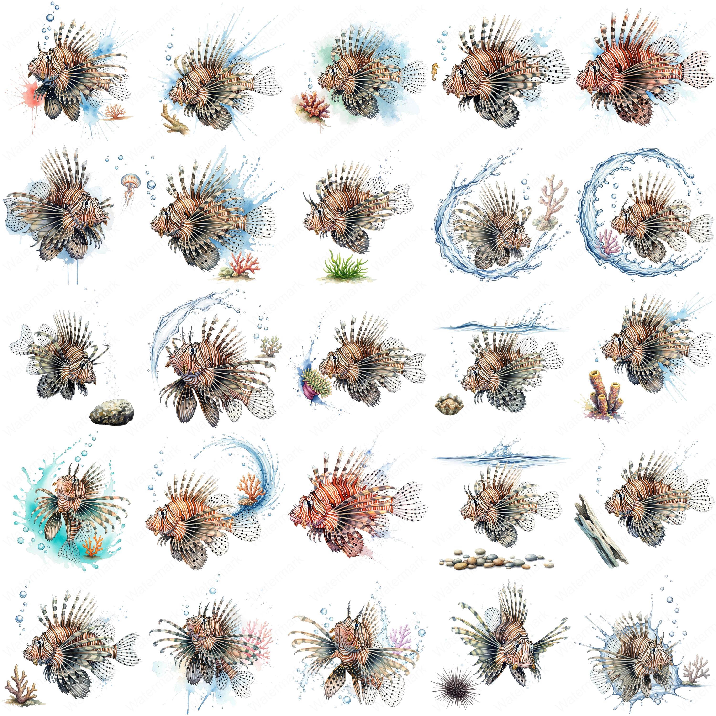 水彩画風ミノカサゴのクリップアート：海洋魚のPNGデザイン（即時