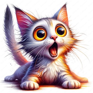 May include: A white and orange cat with large, round, yellow eyes and an open mouth, looking up with a surprised expression. The cat has a fluffy, white chest and a long, white tail.