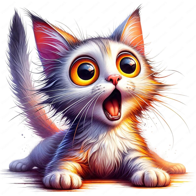May include: A white and orange cat with large, round, yellow eyes and an open mouth, looking up with a surprised expression. The cat has a fluffy, white chest and a long, white tail.