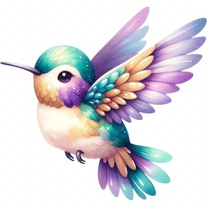 May include: A watercolor illustration of a hummingbird with iridescent green, purple, and gold feathers. The hummingbird is in flight with its wings spread out.