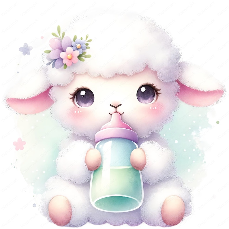 May include: A cute white lamb with pink ears and a purple flower crown is drinking from a green and pink baby bottle.