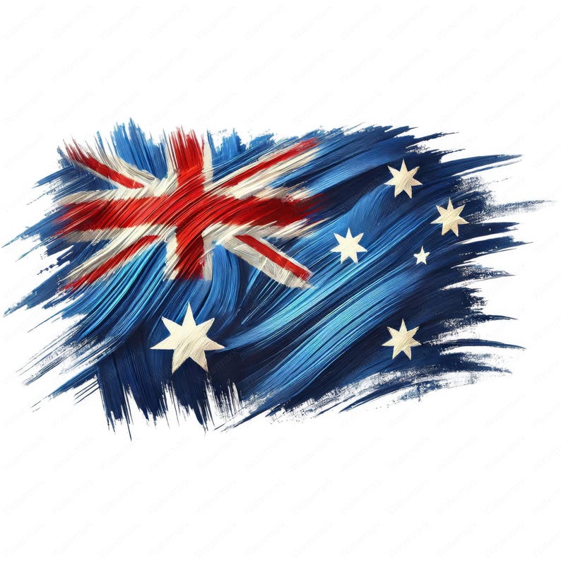 May include: A stylized, abstract painting of the Australian flag. The flag is painted in a blue, red, and white color scheme with a brushstroke effect. The Union Jack is in the upper left corner, and the Southern Cross constellation is in the lower right corner.