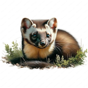 Puede incluir: Una marta de pino marrón y blanca con una cola larga y tupida se sienta en un parche de hierba verde. La marta tiene un pecho blanco y una nariz negra.