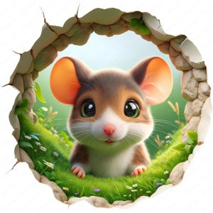 May include: A cartoon mouse with large brown ears, big green eyes, and a white nose peeks out of a hole in a stone wall. The mouse is surrounded by green grass and small white flowers.