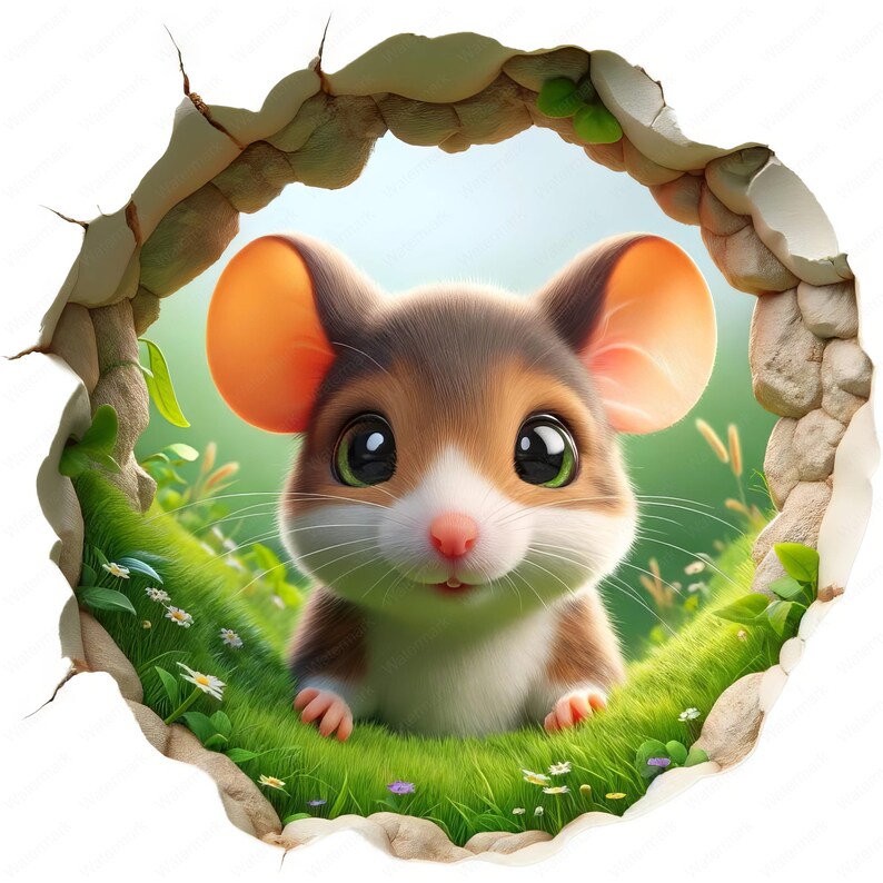 May include: A cartoon mouse with large brown ears, big green eyes, and a white nose peeks out of a hole in a stone wall. The mouse is surrounded by green grass and small white flowers.