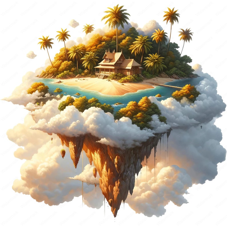 May include: A tropical island with a wooden house, palm trees, and a sandy beach, floating on fluffy white clouds.
