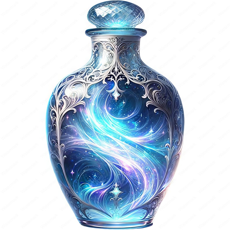 May include: A glass bottle with an ornate silver design, filled with a swirling blue liquid that resembles a galaxy with stars and light.