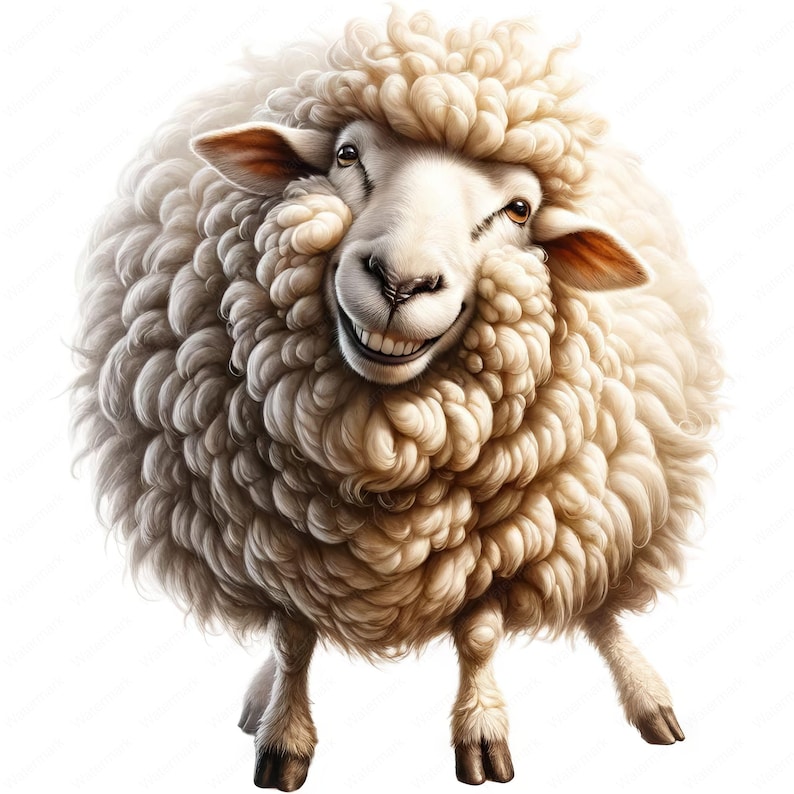 May include: A white sheep with a fluffy coat of wool smiles with its teeth showing. The sheep is standing on a white background.