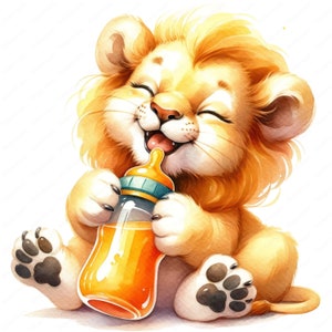 Leoncino con biberon Clipart / 10 design di alta qualità / Decorazioni per la cameretta dei bambini / Baby Shower / Stampe digitali / Uso commerciale