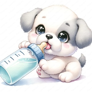 Baby Puppy with Baby Bottle Clipart 10 High-Quality Images Nursery Decor Cute Dog Illustrations Digital Prints Commercial Use zdjęcie 2