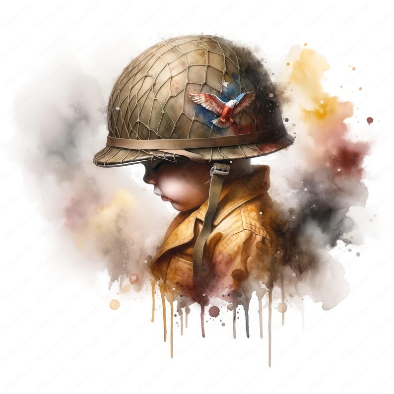 K&ouml;nnte beinhalten: Ein Aquarellbild eines kleinen Kindes, das einen Milit&auml;rhelm mit Adler- und amerikanischer Flaggen-Design tr&auml;gt. Das Kind schaut nach unten und der Hintergrund ist ein weicher Aquarell-Wasch in Braun, Orange und Gelb.