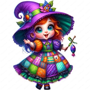 Puede incluir: Una muñeca de bruja colorida con un sombrero morado, cabello naranja y un vestido de retazos. Ella sostiene una varita con un huevo brillante en el extremo.