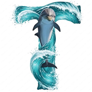 Letras de onda de golfinho K a T | 10 PNG de alta qualidade | Tema do oceano | Impressões digitais | Uso comercial