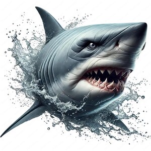 May include: A close-up of a great white shark with its mouth open, showing sharp teeth. The shark is emerging from the water, creating a splash of water droplets.
